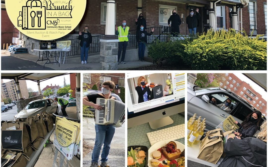 collage of 2021 community music school brunch in a bag photos meal bag pick up at 1544 hamilton street allentown mitchell hourt playing accordion
