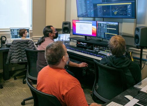 Joe Wagner, audio engineer, demonstrates editing an audio track in the recording studio at Community Music School during the Introduction to Recording class.
