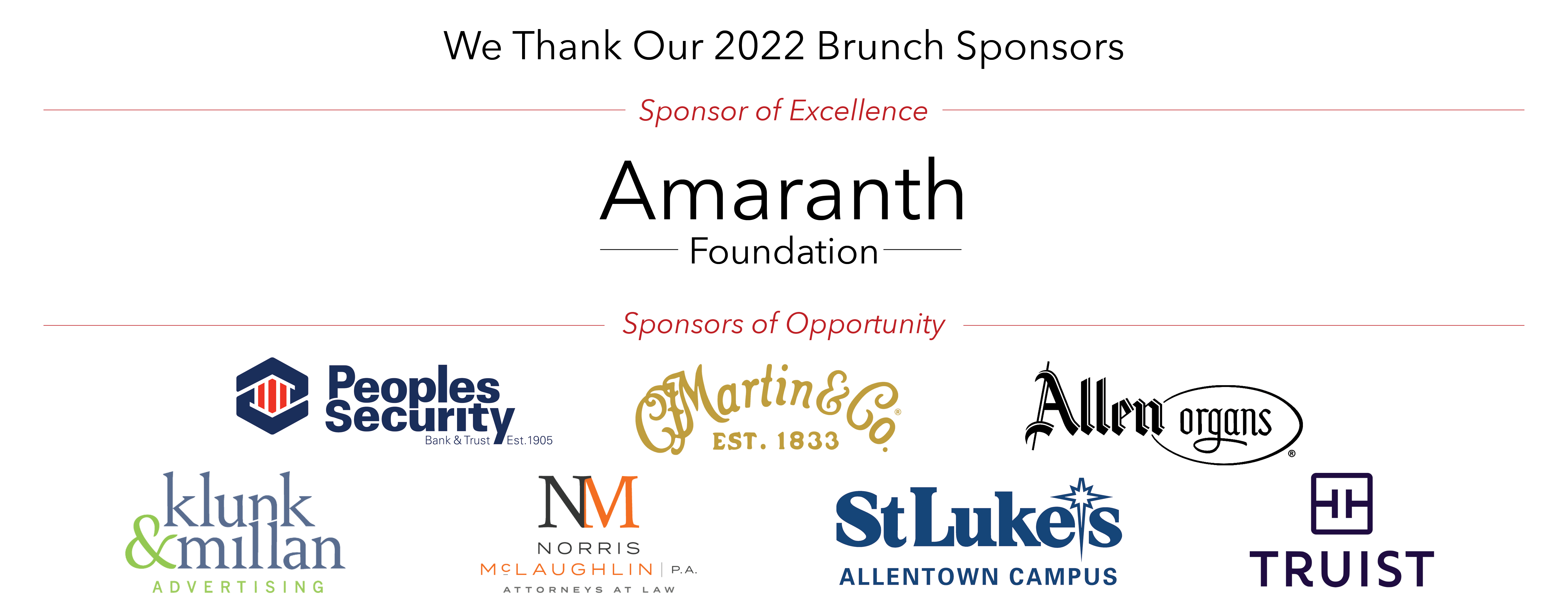 2022 Community Music School Brunch Sponsor Logos - Amaranth Foundation, Allen Organ Company, Peoples Security Bank, Klunk & Millan Advertising, St. Lukes Allentown Campus, Truist