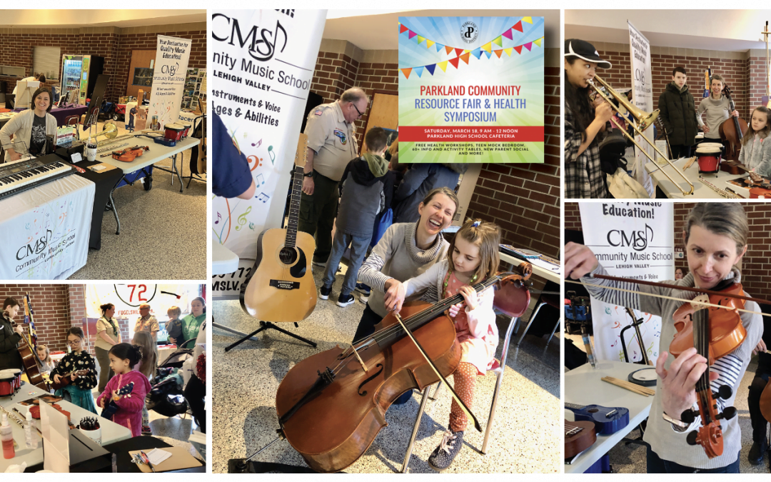 Collage of Community Music School volunteer students helping community members try out a variety of instruments at the Parkland Resource Fair on March 18, 2023.