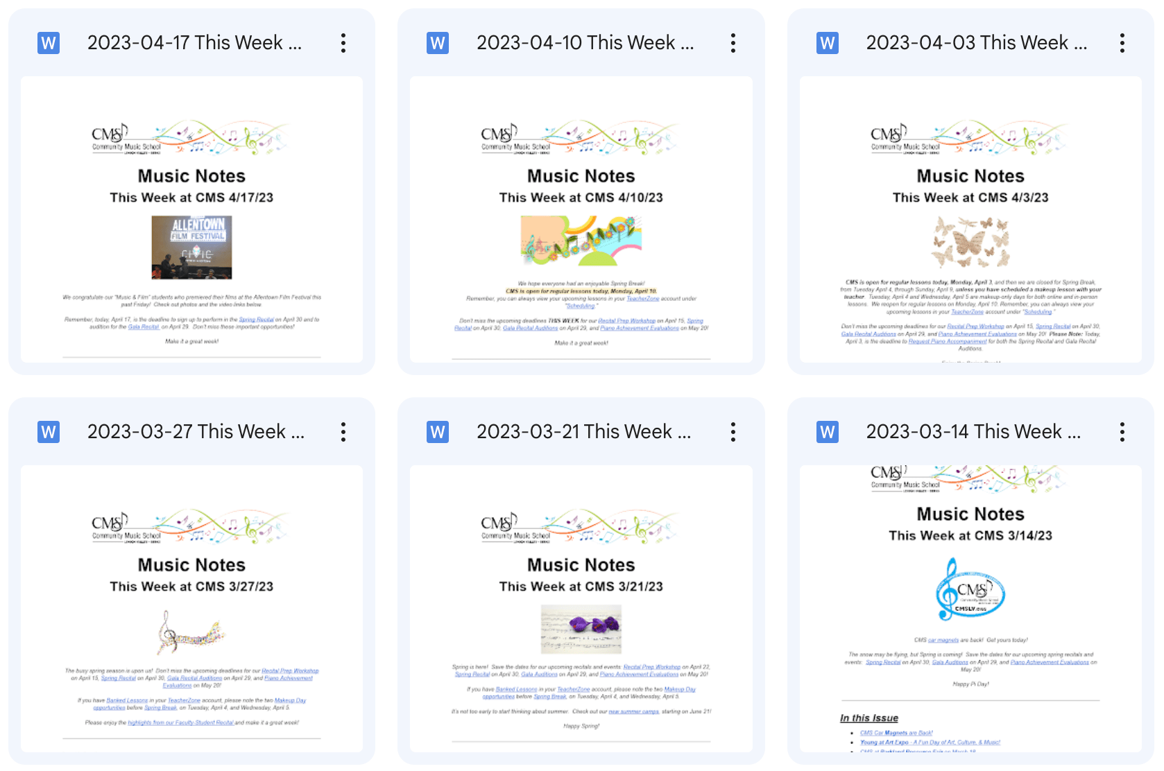Screenshot of CMS weekly student e-newsletter archives in Google Drive