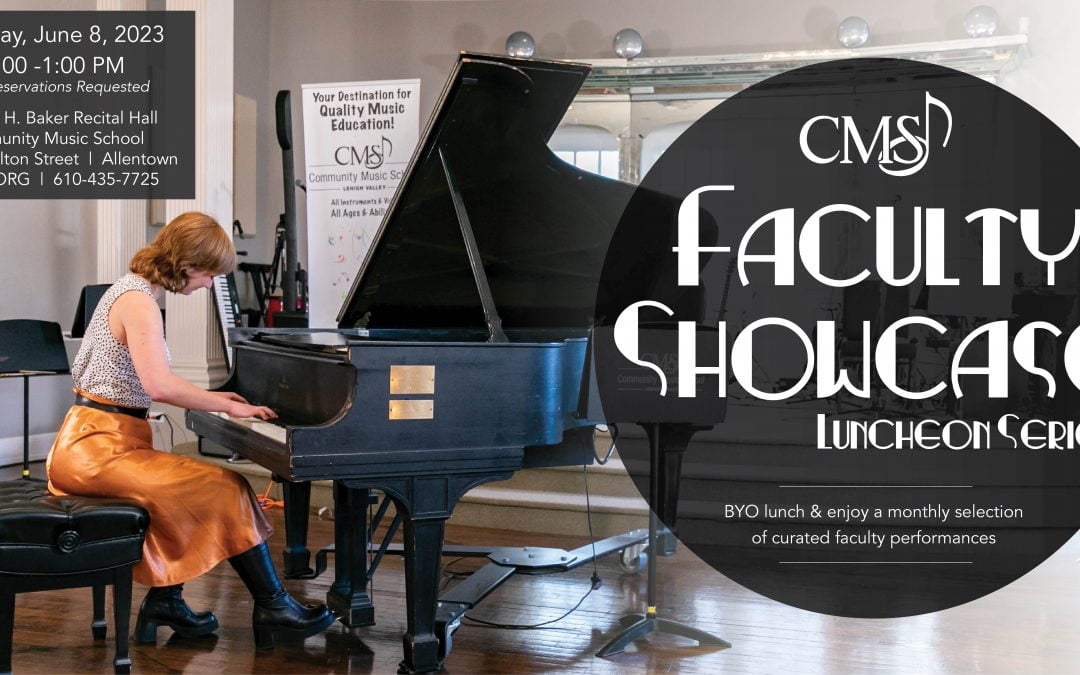 Community Music School Faculty Showcase Luncheon Series. BYO lunch & enjoy a monthly selection of curated faculty performances. June 8, 2023. Photo of piano teacher Kelly Hooper intensely playing the black Steinway grand piano with the lid up in the Dorothy H. Baker Recital Hall at CMS. She is wearing a white and black top and a bright orange skirt with black boots.