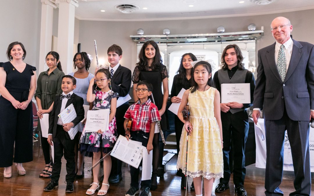 On Sunday, May 21, 2023, Community Music School (CMS) held the annual Gala Recital & Scholarship Awards in the Dorothy H. Baker Recital Hall at CMS. Pictured are CMS Executive Director Jeff Reed (far right) and CMS Assistant Director Lisa Kulp (far left) with the 2023 Gala Scholarship recipients: (front l-r) Sebastian Santiago, Emily Ma, Siddharth Chitta, Rene Kim, (back l-r) Maanya Gope, Harmony John, Isaac Sharma, Aanya Sharma, Shriya Chitta, and Ceiran Magee.