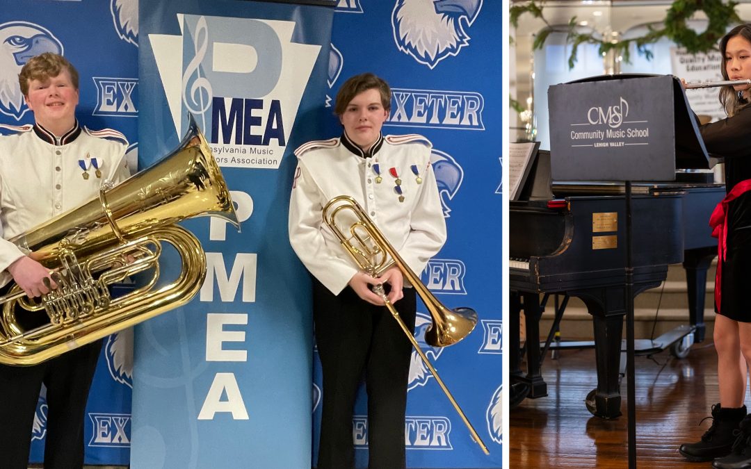 Pictured here (LEFT) are brothers C.J. Ray (tuba) and Liam Ray (trombone) at the District 10 PMEA Band Festival on January 13, 2024, at Exeter Township High School. (RIGHT) Felicity Lui performs during the CMS Holiday Recital on December 10, 2023.