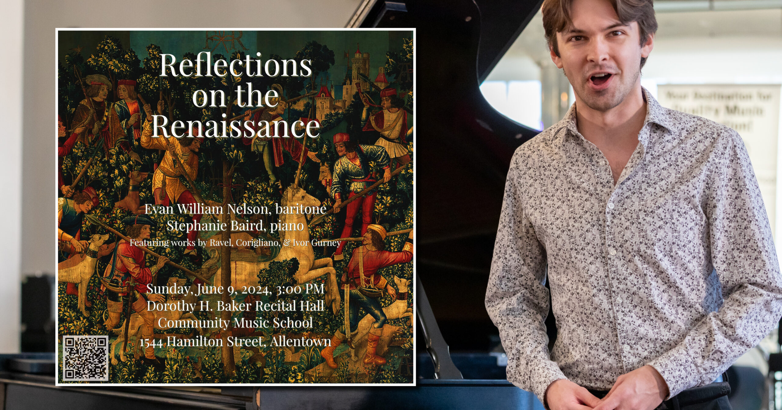 Reflections on the Renaissance - A recital by Evan William Nelson, voice, and Stephanie Baird, piano at Community Music School on Sunday, June 9, at 3:00 PM