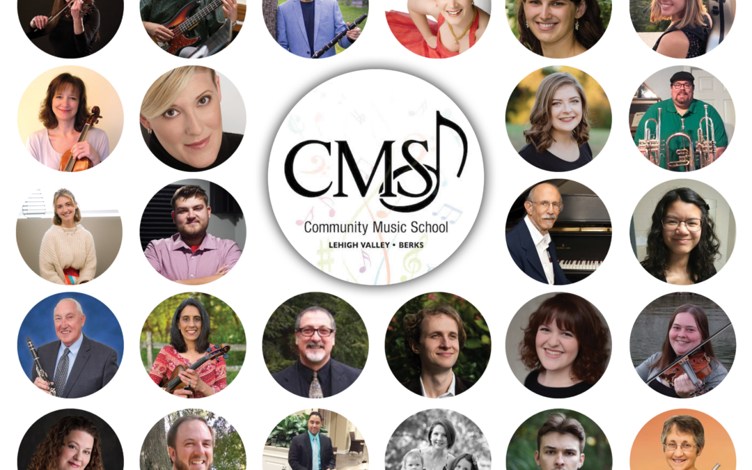 Community Music School Teacher Collage - 26 music teacher headshots in circles with CMS logo in the middle