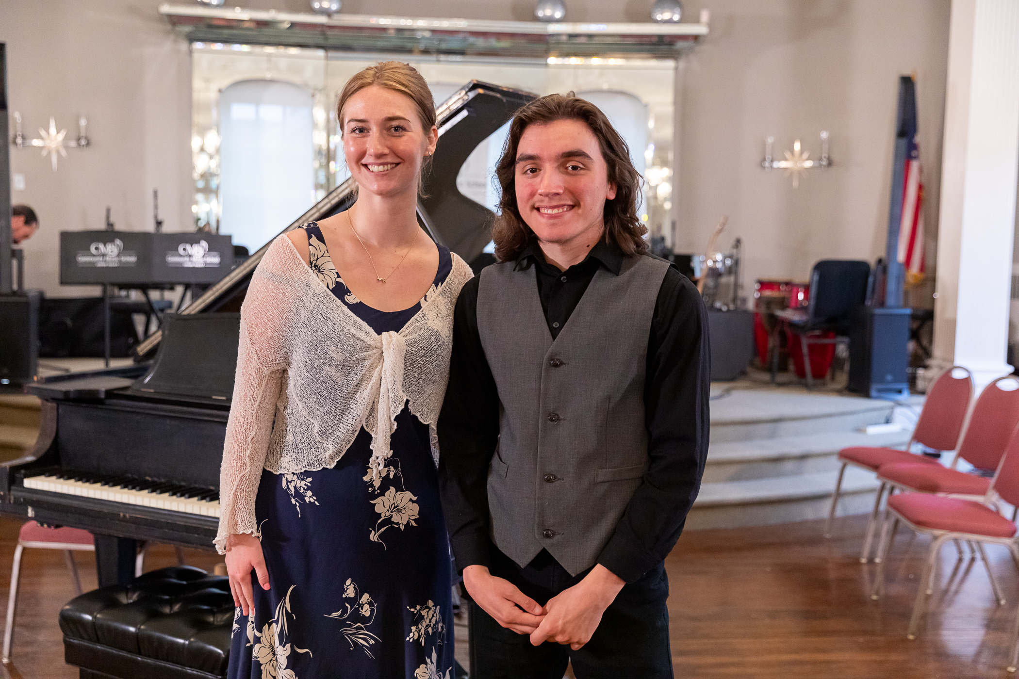 Kelly Hooper piano teacher with student Ceiran Magee at Community Music School in the Dorothy H. Baker Recital Hall