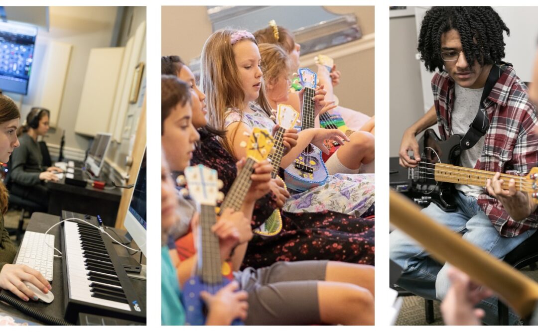 PHOTO (L-R): Community Music School students work on Music & Film projects in the CMS Recording Studio, participate in a group ukulele class, and engage in a private bass guitar lesson. Businesses can now support these innovative educational programs at CMS through Pennsylvania's Educational Improvement Tax Credit (EITC) program.