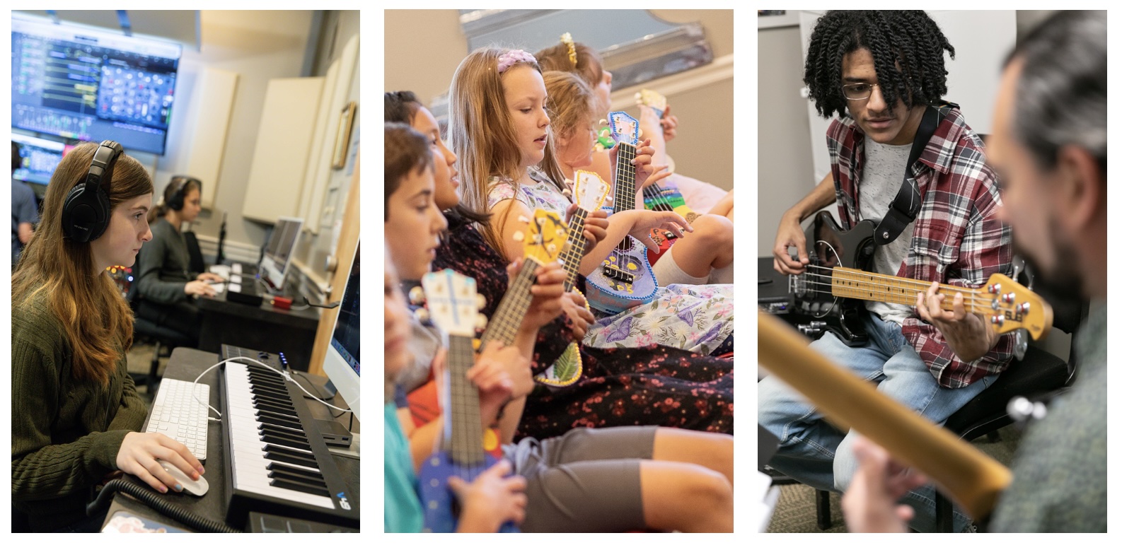 PHOTO (L-R):  Community Music School students work on Music & Film projects in the CMS Recording Studio, participate in a group ukulele class, and engage in a private bass guitar lesson.  Businesses can now support these innovative educational programs at CMS through Pennsylvania's Educational Improvement Tax Credit (EITC) program.  